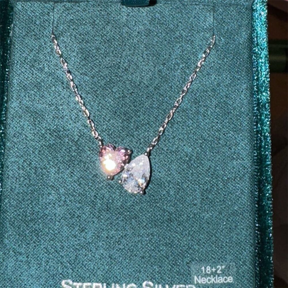 Pink Heart White Pear-Shaped Cubic Zirconia You & Me Necklace in Sterling Silver - Picture 6 of 16